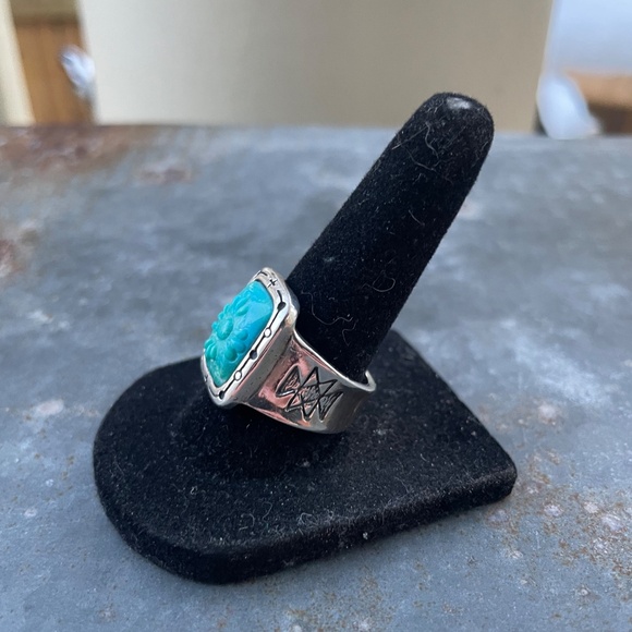 Carolyn Pollack Rectangle Carved Turquoise Sterling Ring w/ flower design Size 8 - Picture 2 of 4